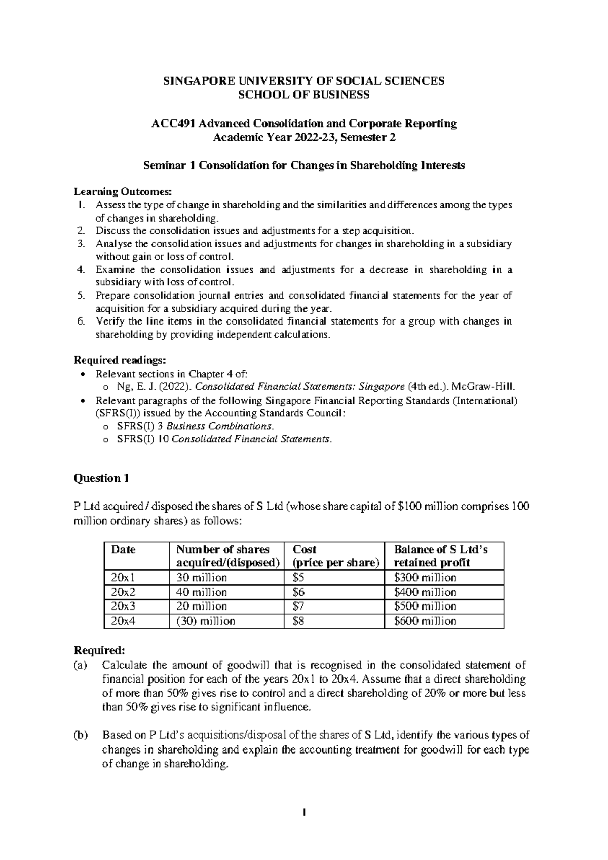 ACC491 Seminar 1 Discussion Questions 2023 - SINGAPORE UNIVERSITY OF ...