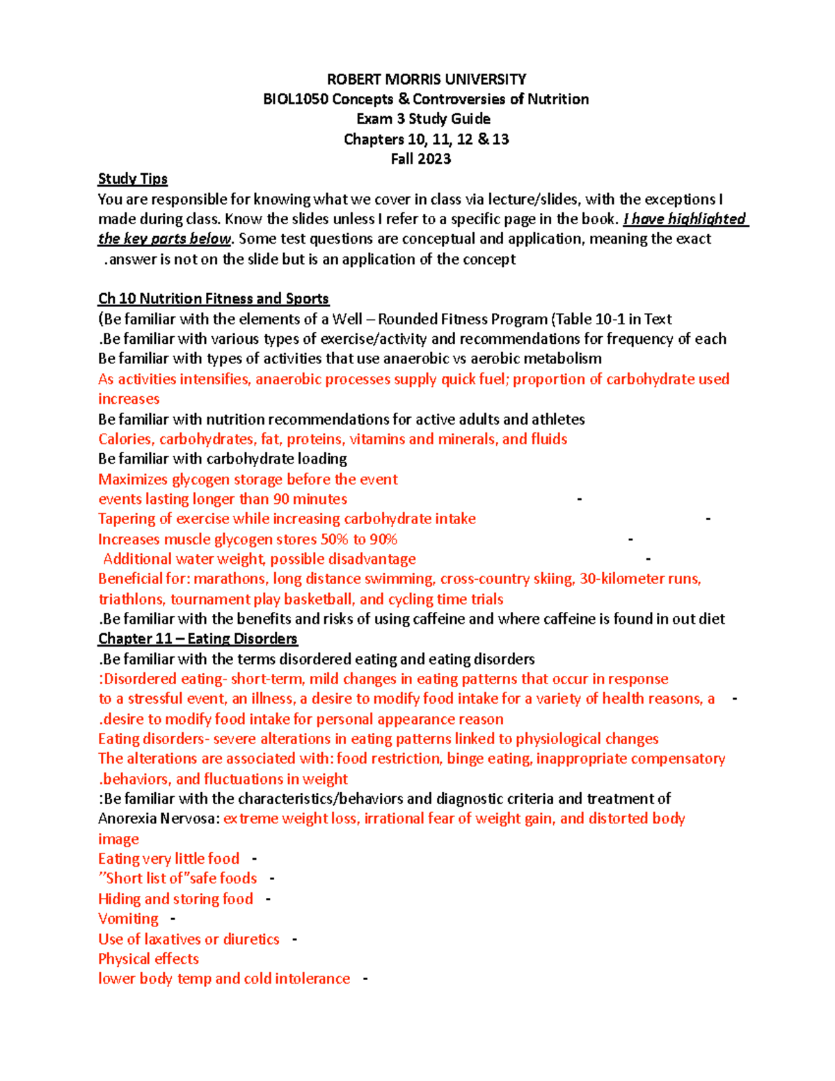 Exam 3 nutrition Study Guide - ROBERT MORRIS UNIVERSITY BIOL1050 