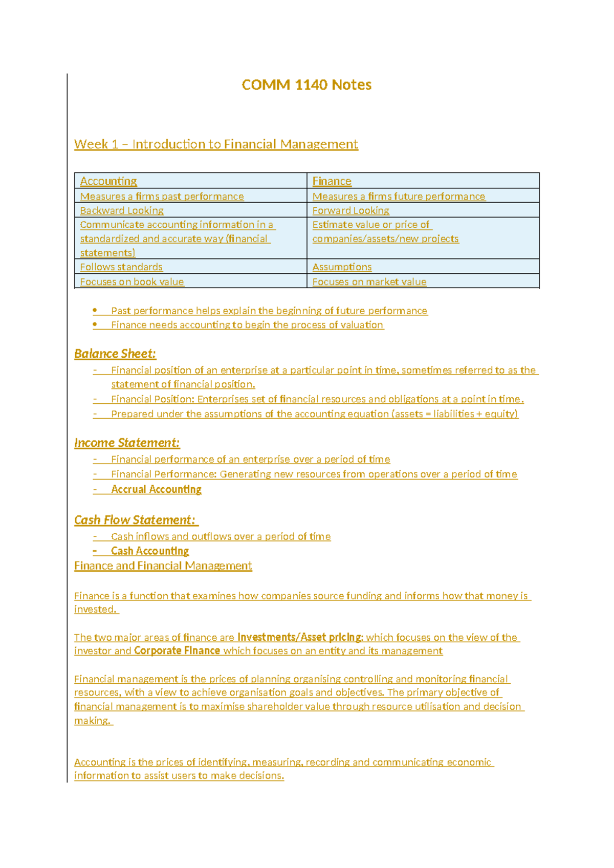 COMM 1140 Notes - COMM 1140 Notes Week 1 – Introduction to Financial ...