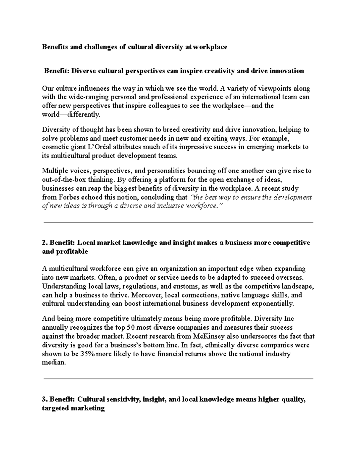 Managing diversity - Benefits and challenges of cultural diversity at ...