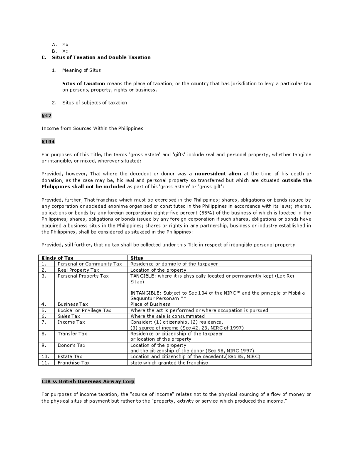 Taxation assignment 7 compress - A. Xx B. Xx C. Situs of Taxation and ...