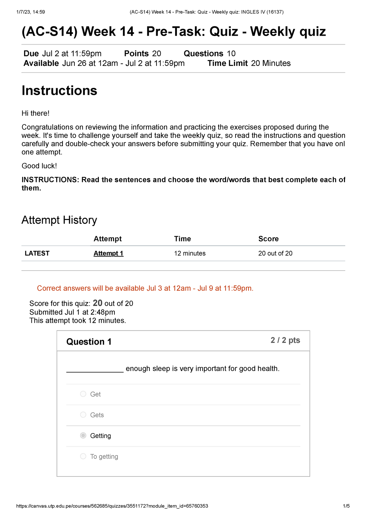 (AC-S14) Week 14 - Pre-Task Quiz - Weekly Quiz Ingles IV - (AC-S14 ...