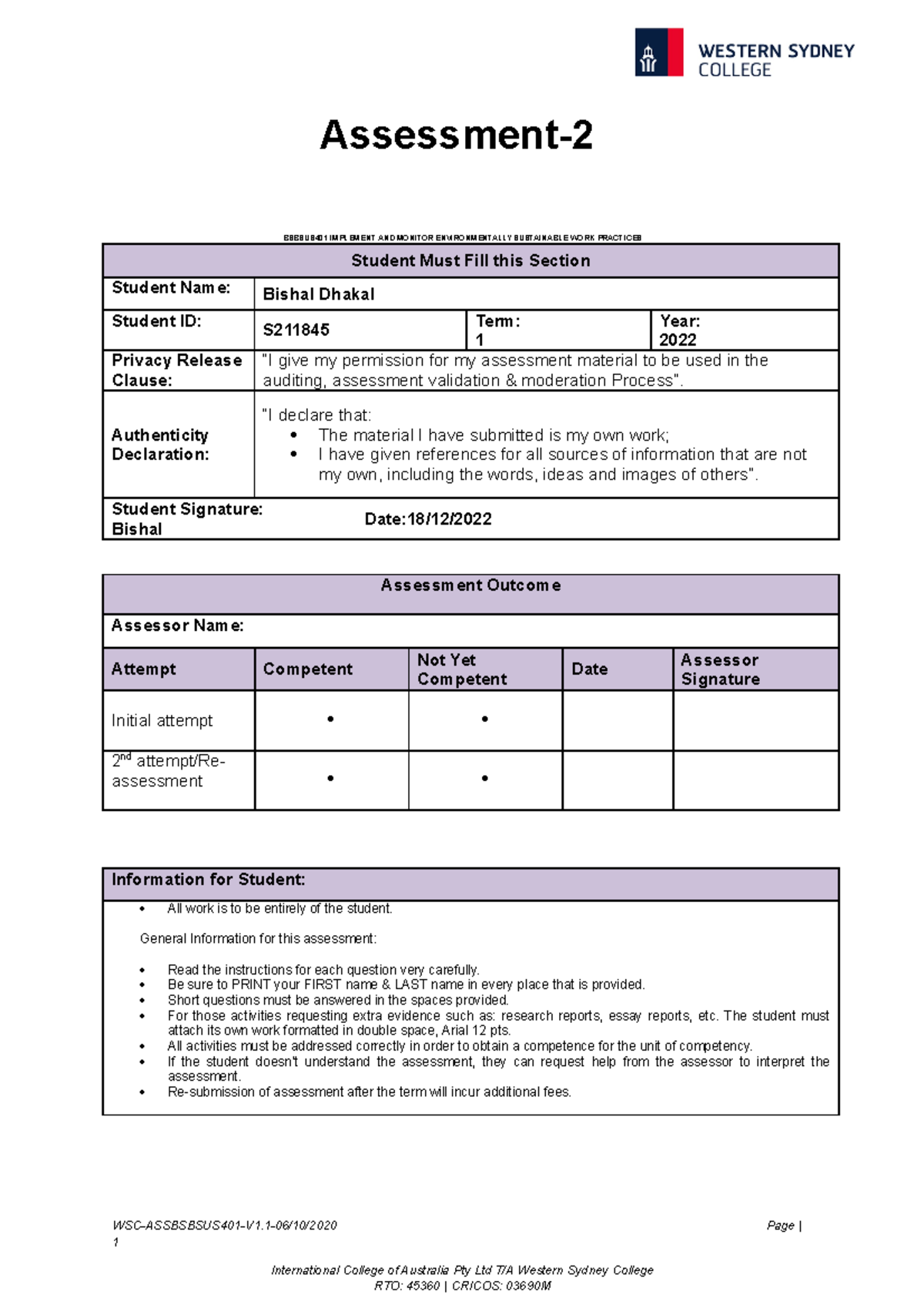 S20567 Assessment Task-2 - Assessment- BSBSUS401 IMPLEMENT AND MONITOR ...