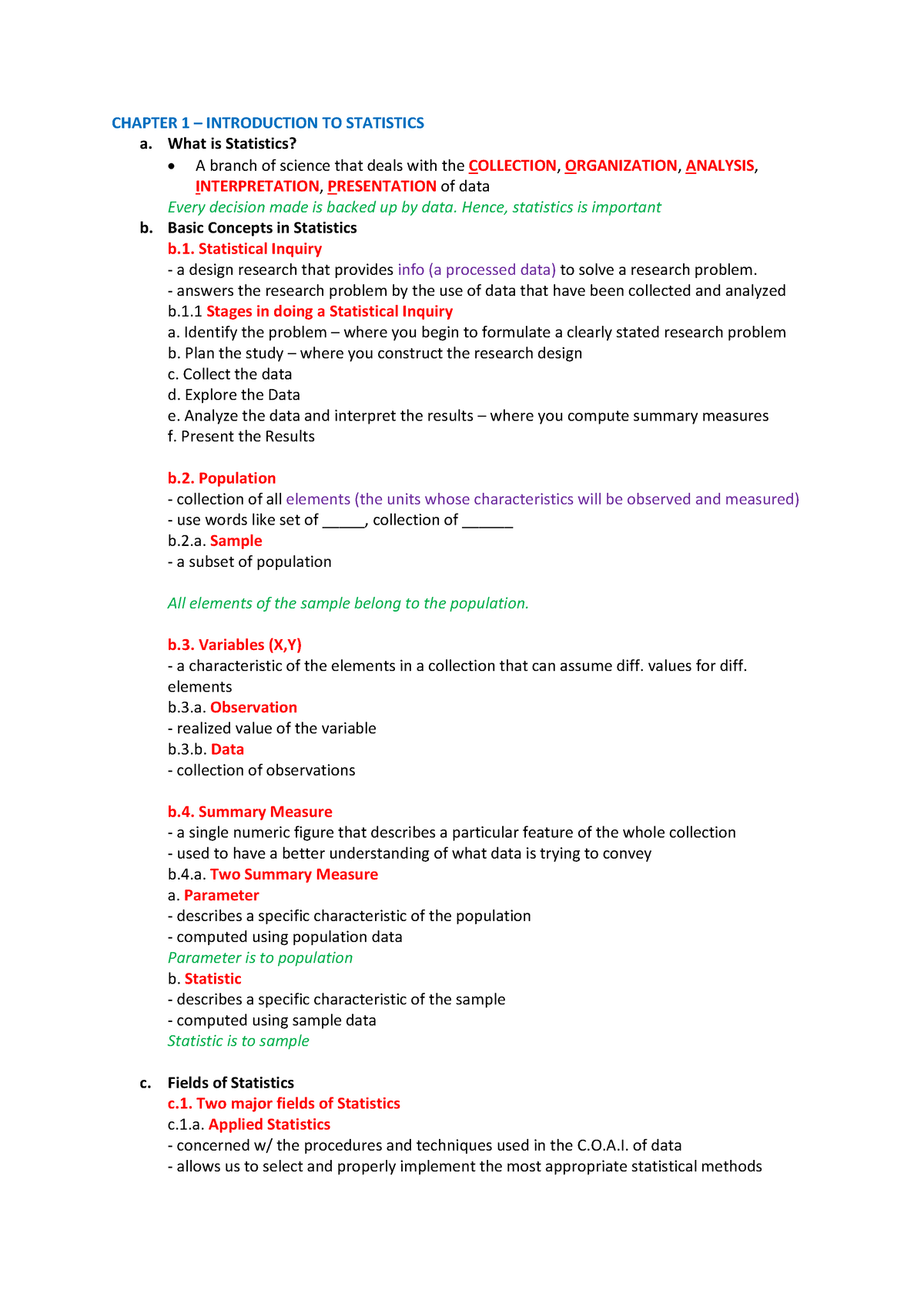 Chapter 1 - CHAPTER 1 – INTRODUCTION TO STATISTICS A. What Is ...