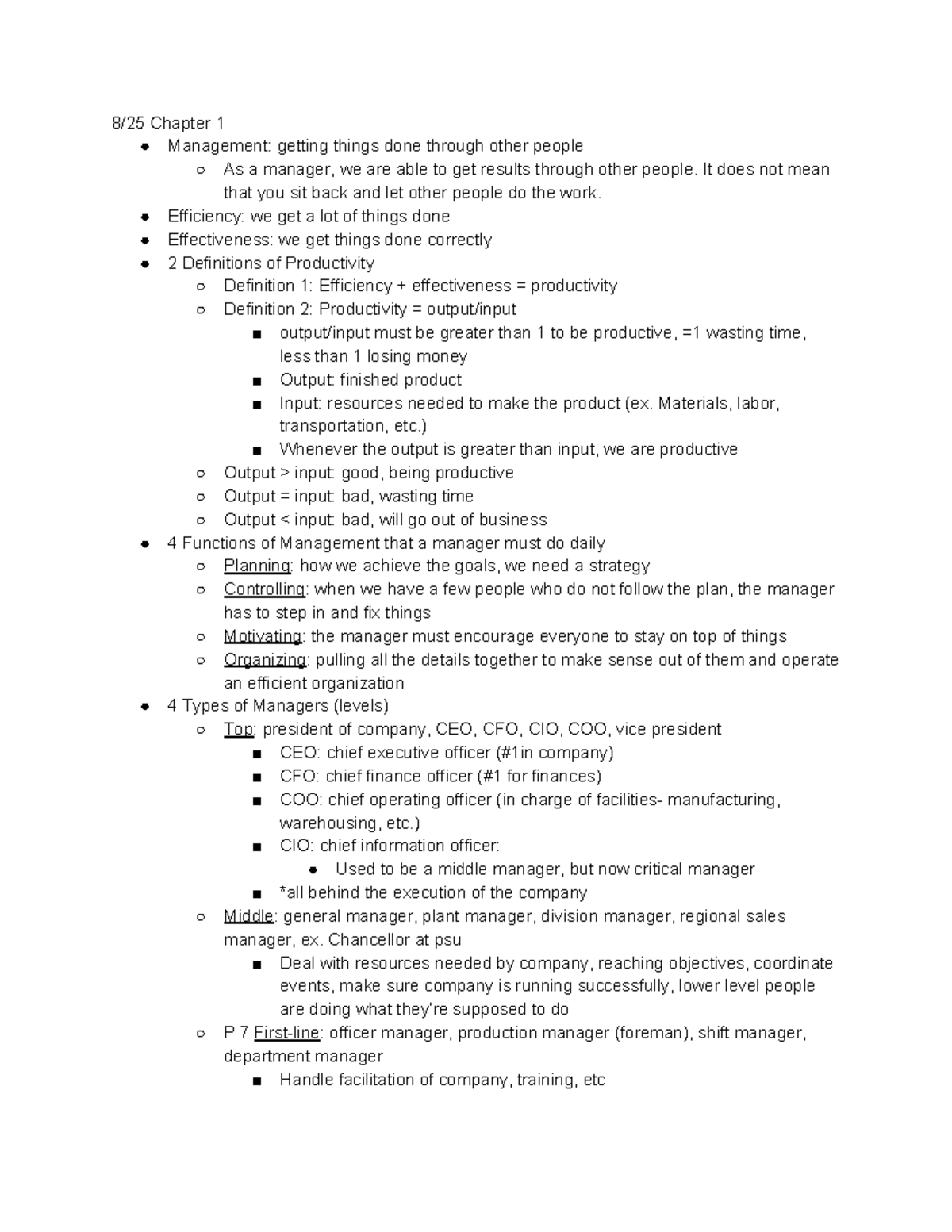 MGMT 301 Notes Test 1 - Some Of Lecture 1 - 8/25 Chapter 1 Management ...