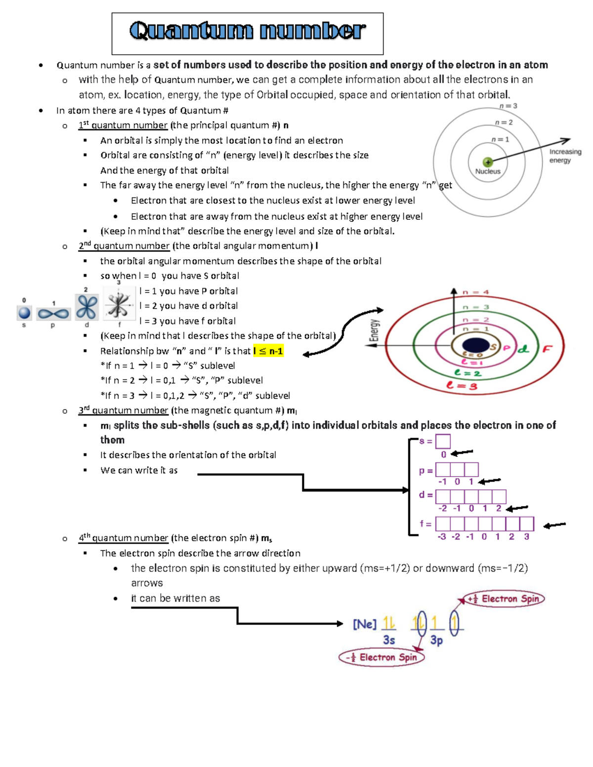 Electron configration - Quantum number is a set of numbers used to ...