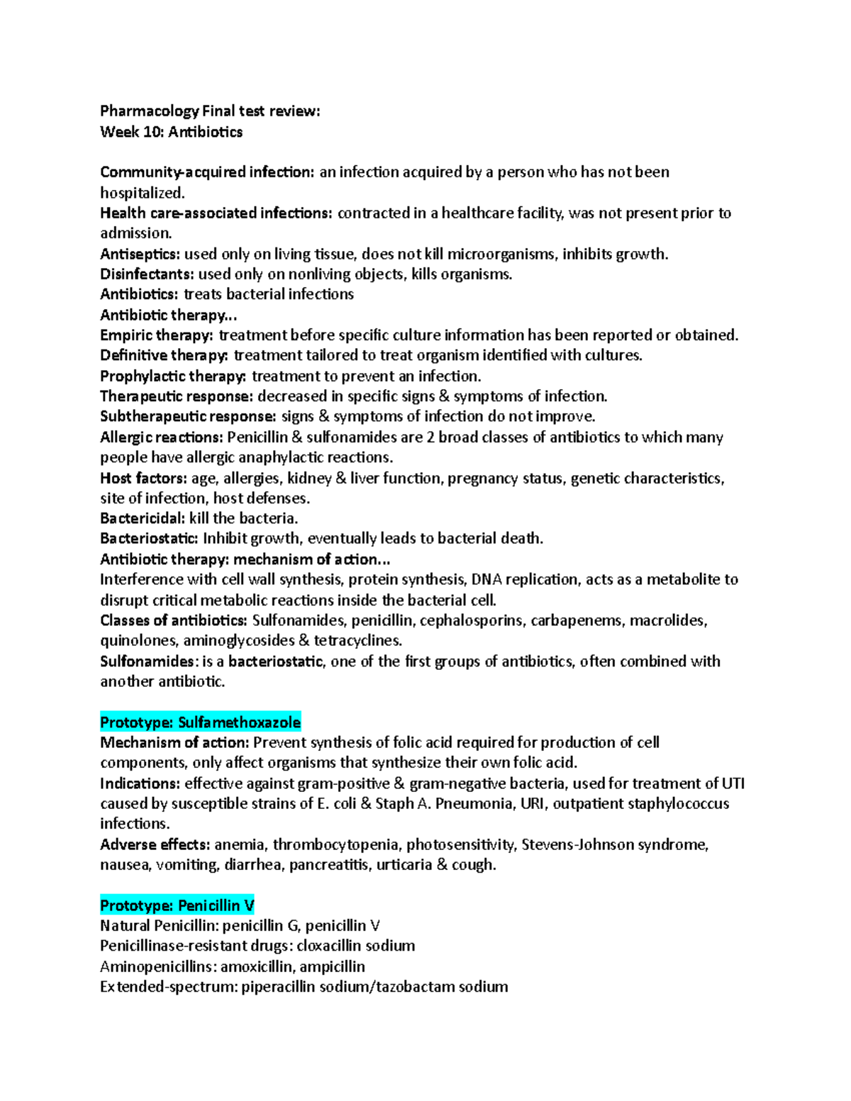 NRSG 86- Final Test Review - Pharmacology Final Test Review: Week 10 ...