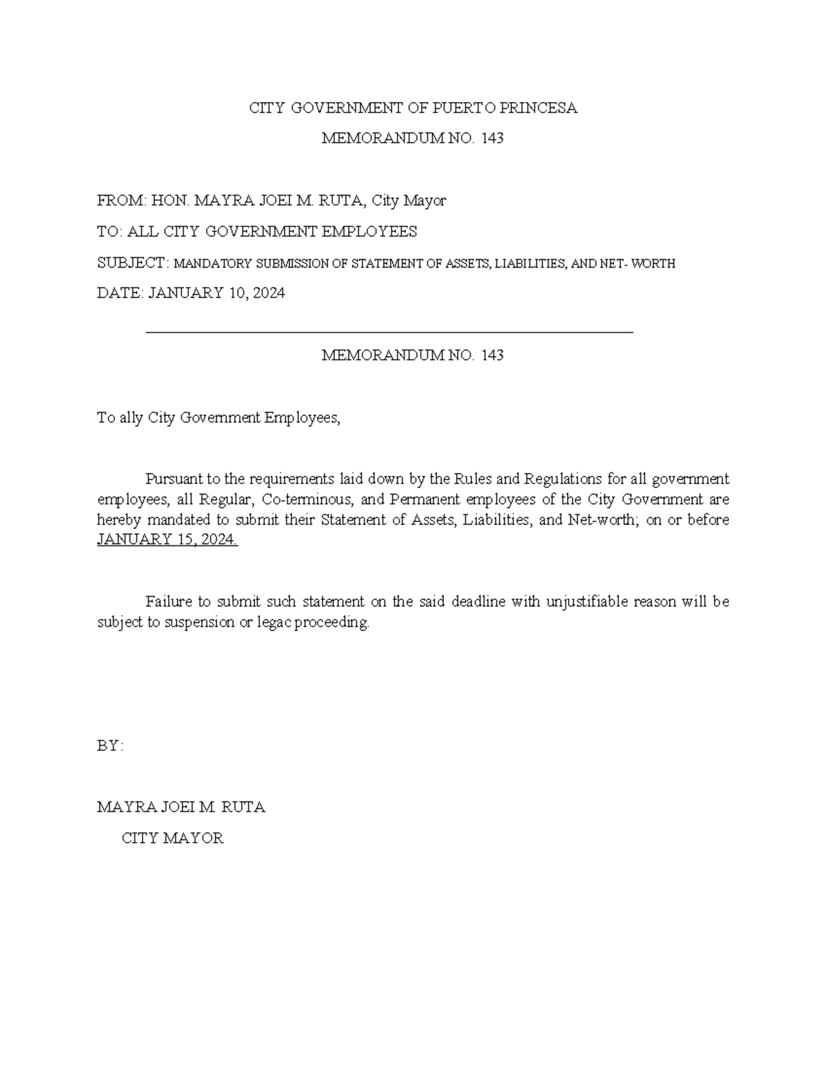 Example MEMO - CITY GOVERNMENT OF PUERTO PRINCESA MEMORANDUM NO. 143 ...