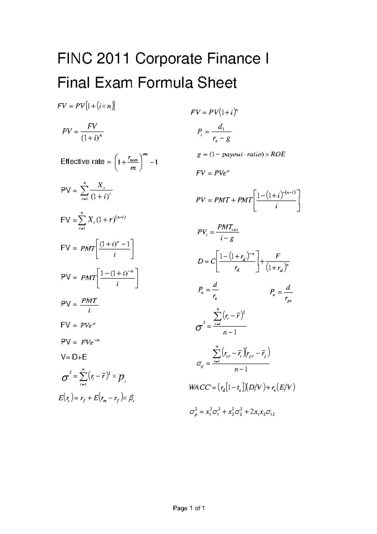 Final+Exam+Formula+Sheet - Page 1 of 1 FINC 2 011 Corporate Finance I ...