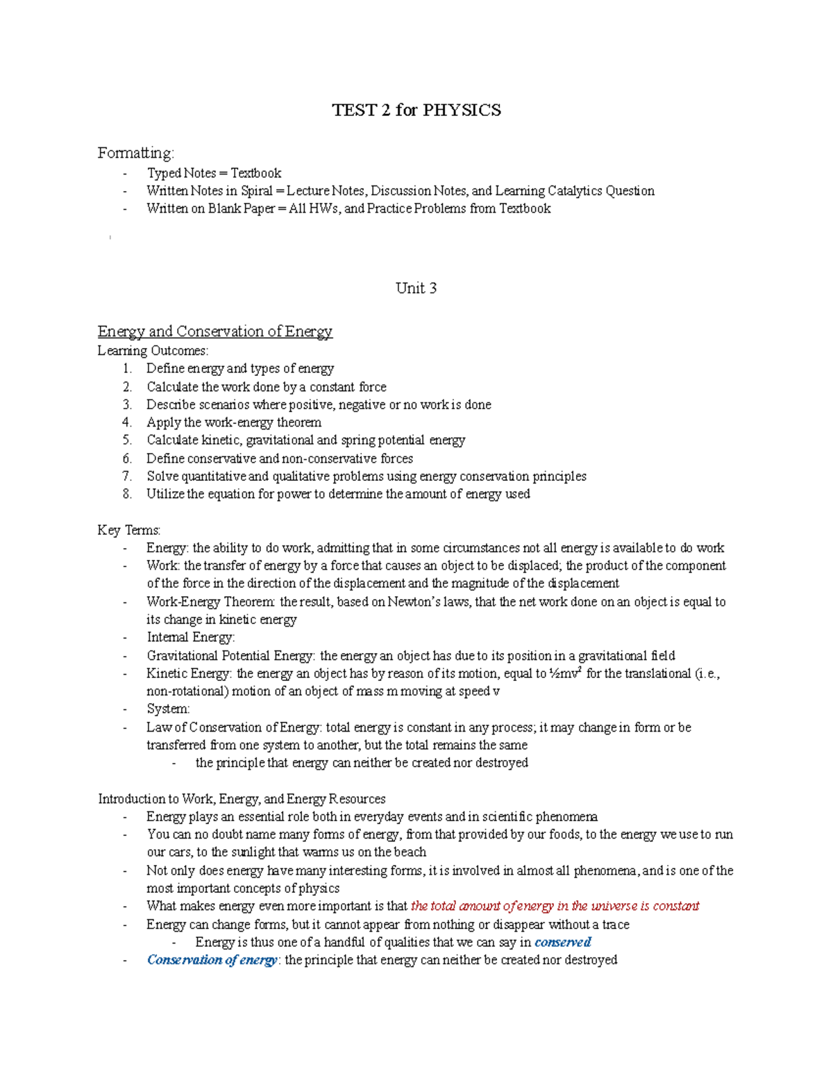 Material For Test 2 Physics - TEST 2 for PHYSICS Formatting: Typed ...