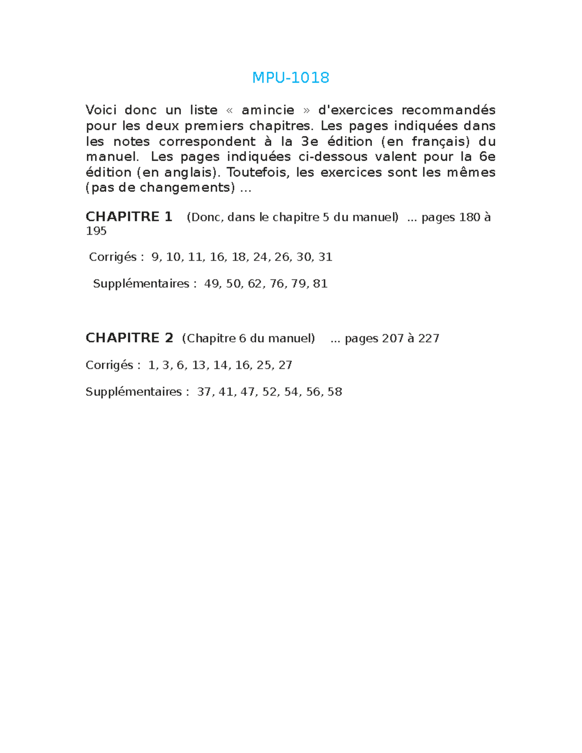 Exercices Recommand Ã©s Chapitres 1 Et 2 - MPU- Voici Donc Un Liste ...