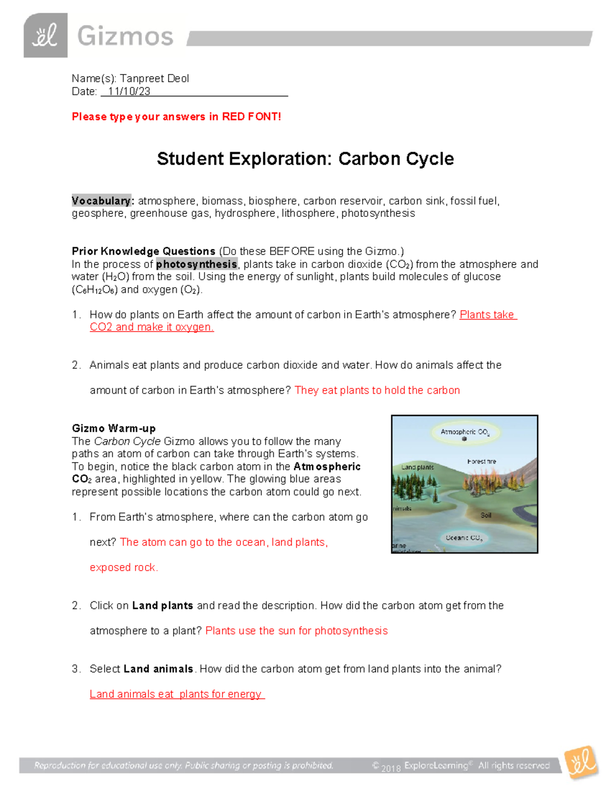 Gizmo Carbon Cycle - Biology Assignment Answers - Name(s): Tanpreet 