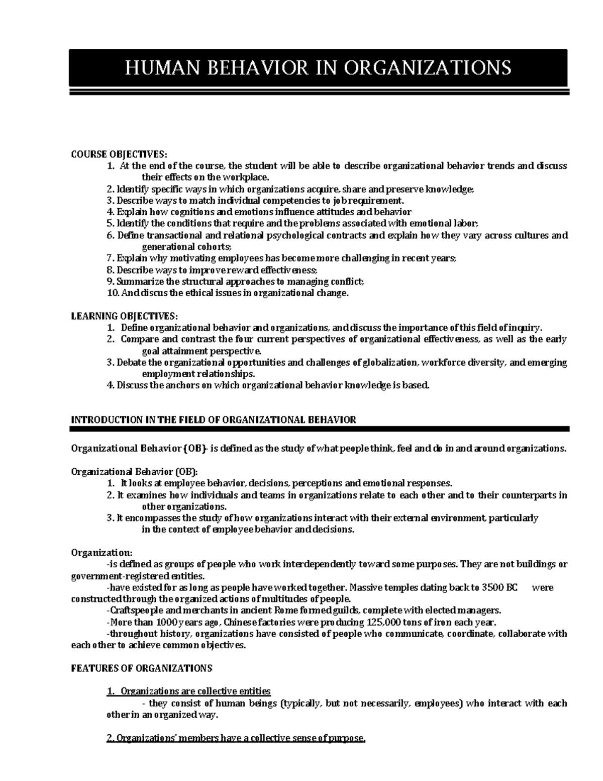 Human behavior in organizationsdocx pdf free - COURSE OBJECTIVES: At ...