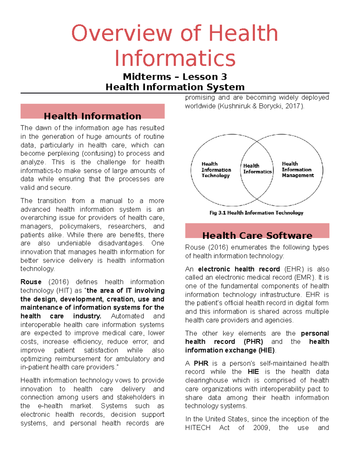 L3 Overview Of Health Informatics - Medical Technology - UBian - Studocu