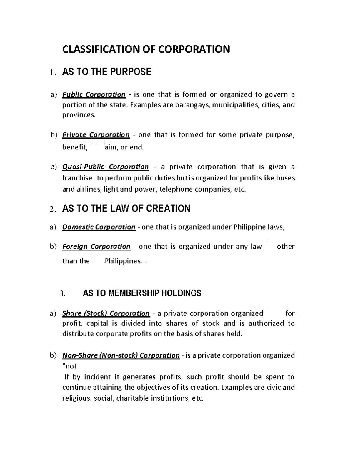 Classification OF Corporation CLASSIFICATION OF CORPORATION 1. AS TO