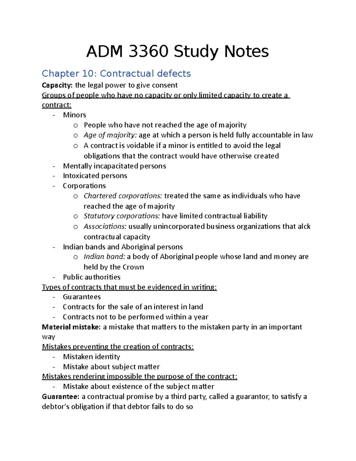 Adm 3360 Chapter 10 Notes Adm 3360 Study Notes Chapter 10 Contractual Defects Capacity The Adm 3360 Chapter 10 Notes Adm 3360 Study Notes Chapter 10 Contractual Defects Capacity The