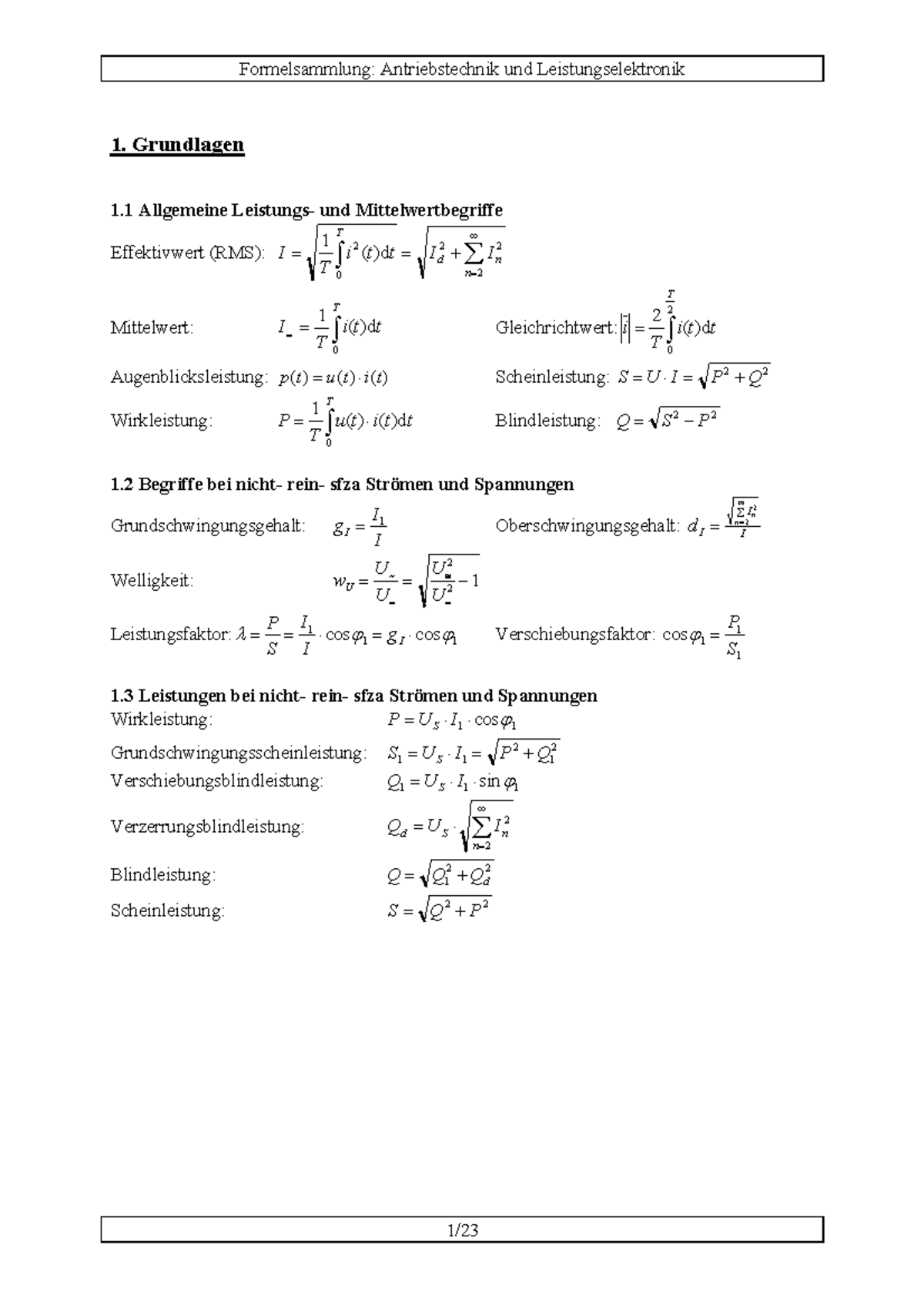 Antriebe Leistungselektronik Grundlagen Allgemeine Leistungs Und Mittelwertbegriffe Effektivwert Rms Mittelwert Ti Gleichrichtwert Ti Augenblicksleistung Tp Tu Studocu