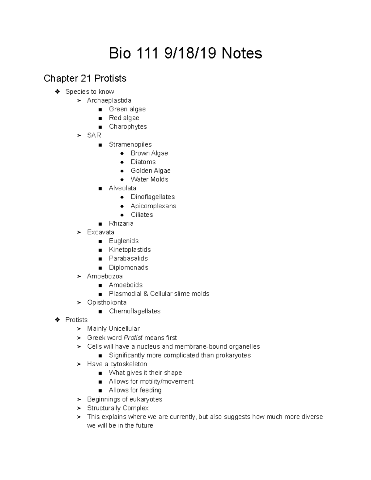 Bio 111 9 18 19 Notes - Bio 111 9/18/19 Notes Chapter 21 Protists ...