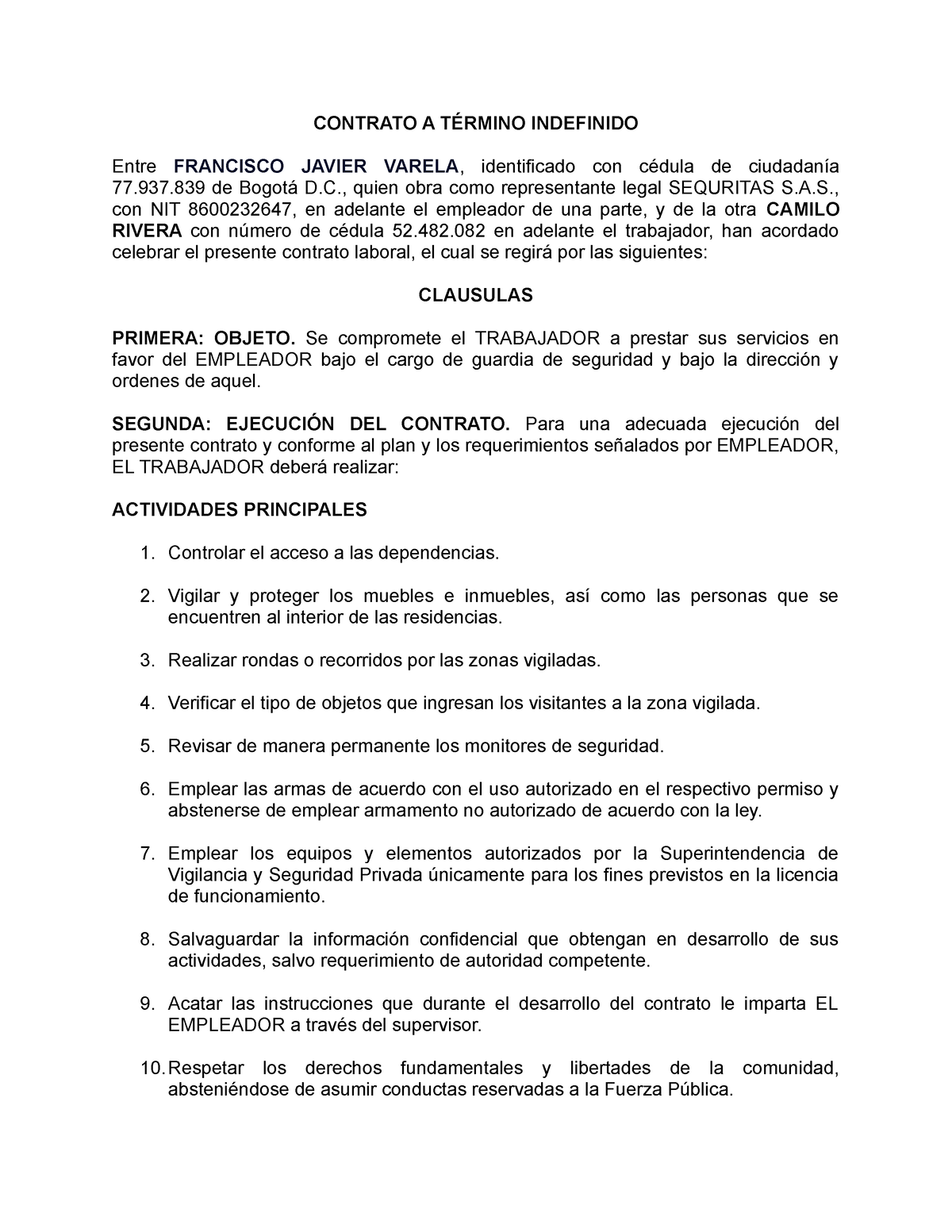 Contrato A TÉ Rmino Indefinido Contrato A TÉrmino Indefinido Entre Francisco Javier Varela 3137