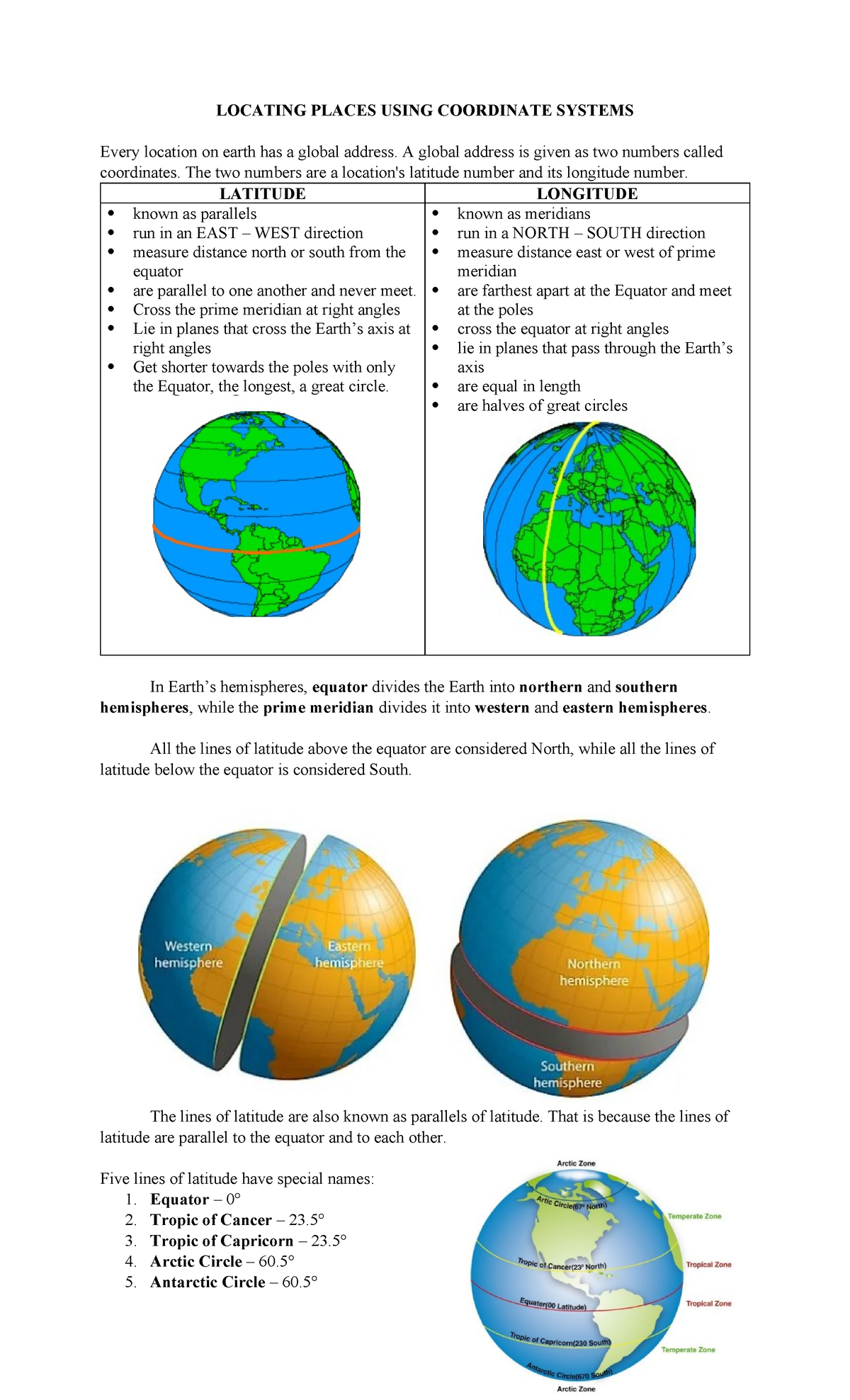 Locating places using coordinate system locating places using