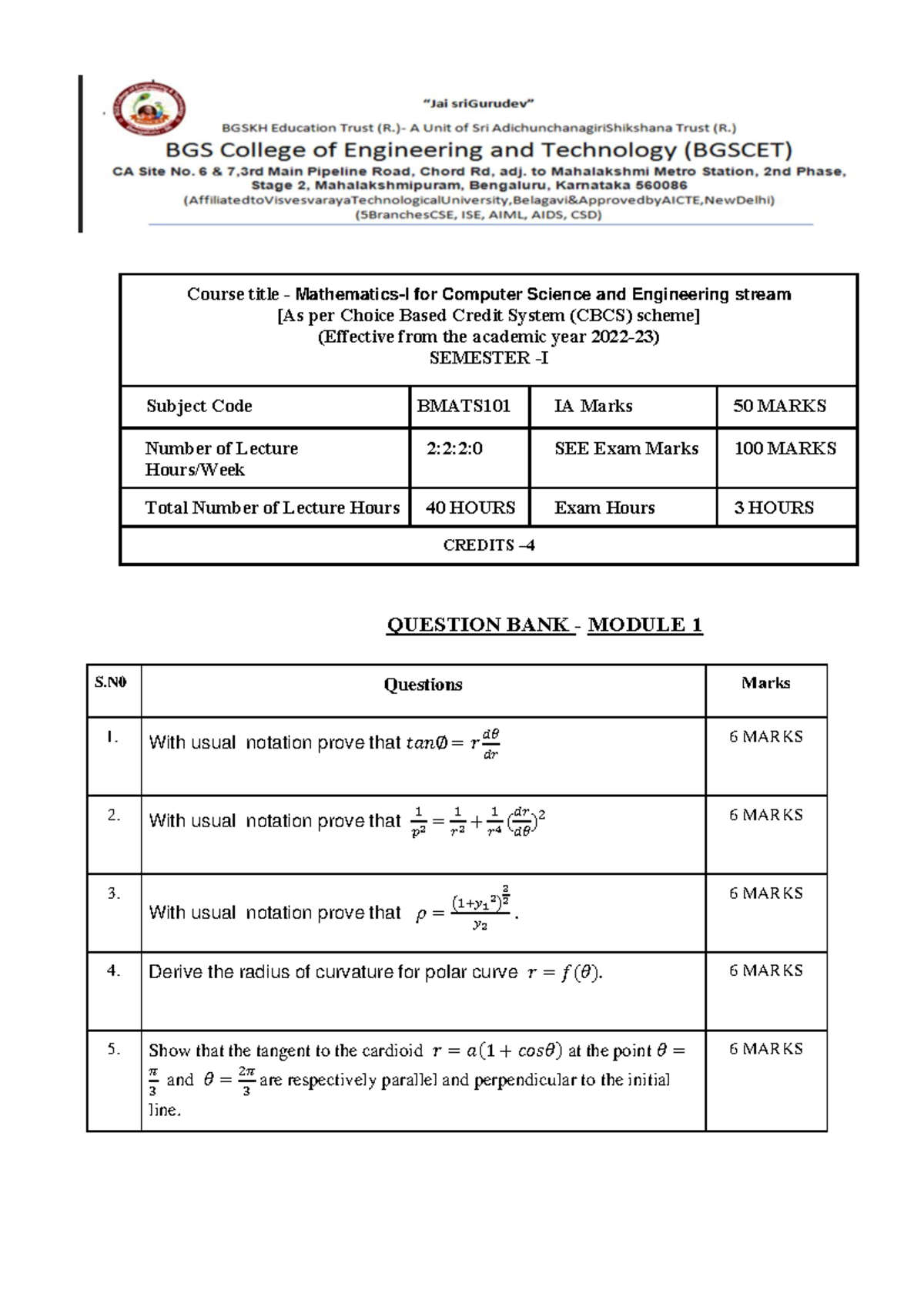 Bmats 101 question bank on module 1 - Course title - Mathematics-I for ...