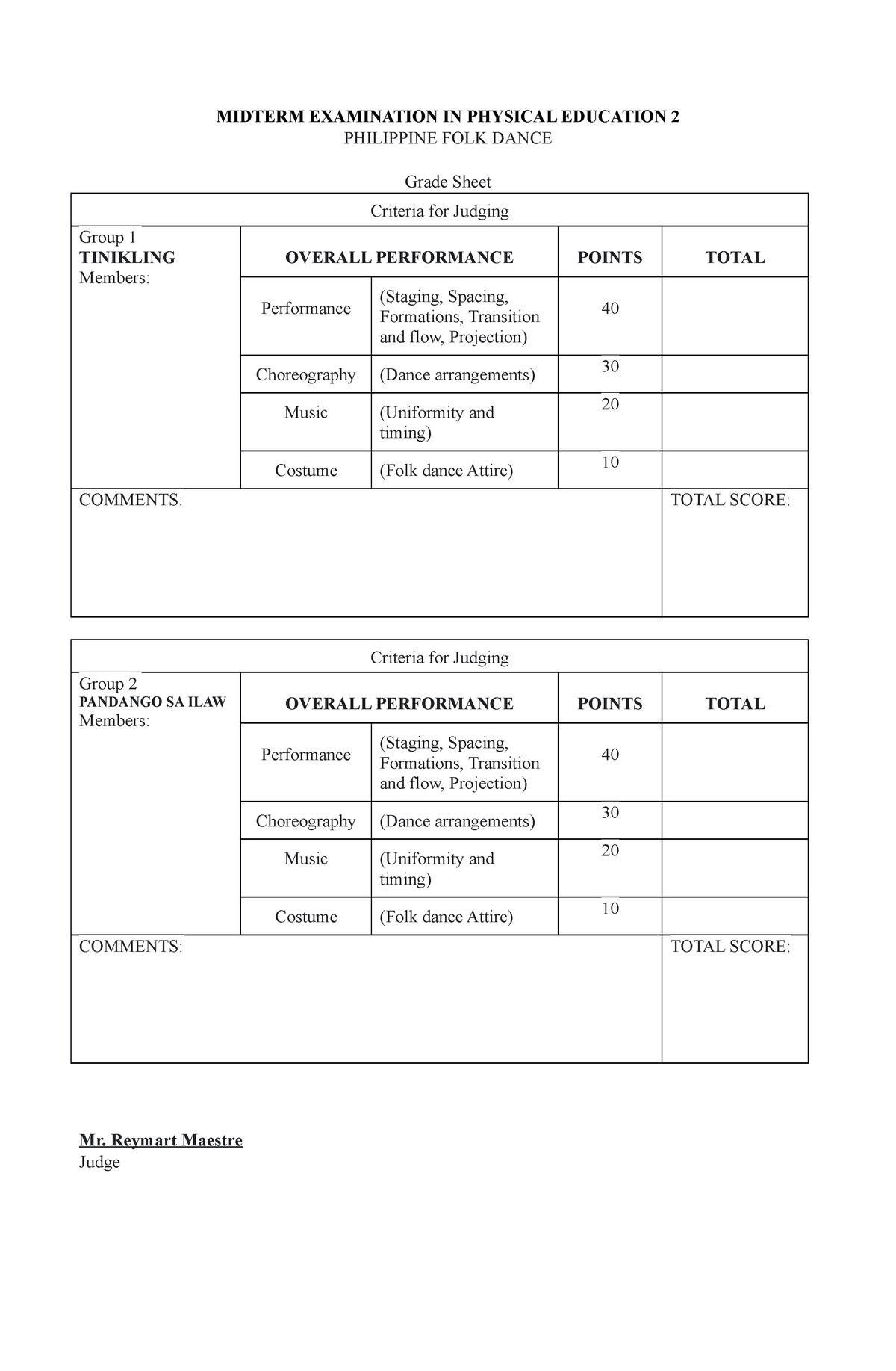 Criteria For Judging Pe2 Copy PHILIPPINE FOLK DANCE Grade Sheet