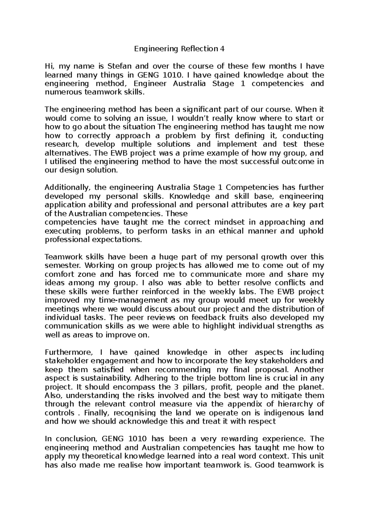 Engineering Reflection 4 - I have gained knowledge about the ...