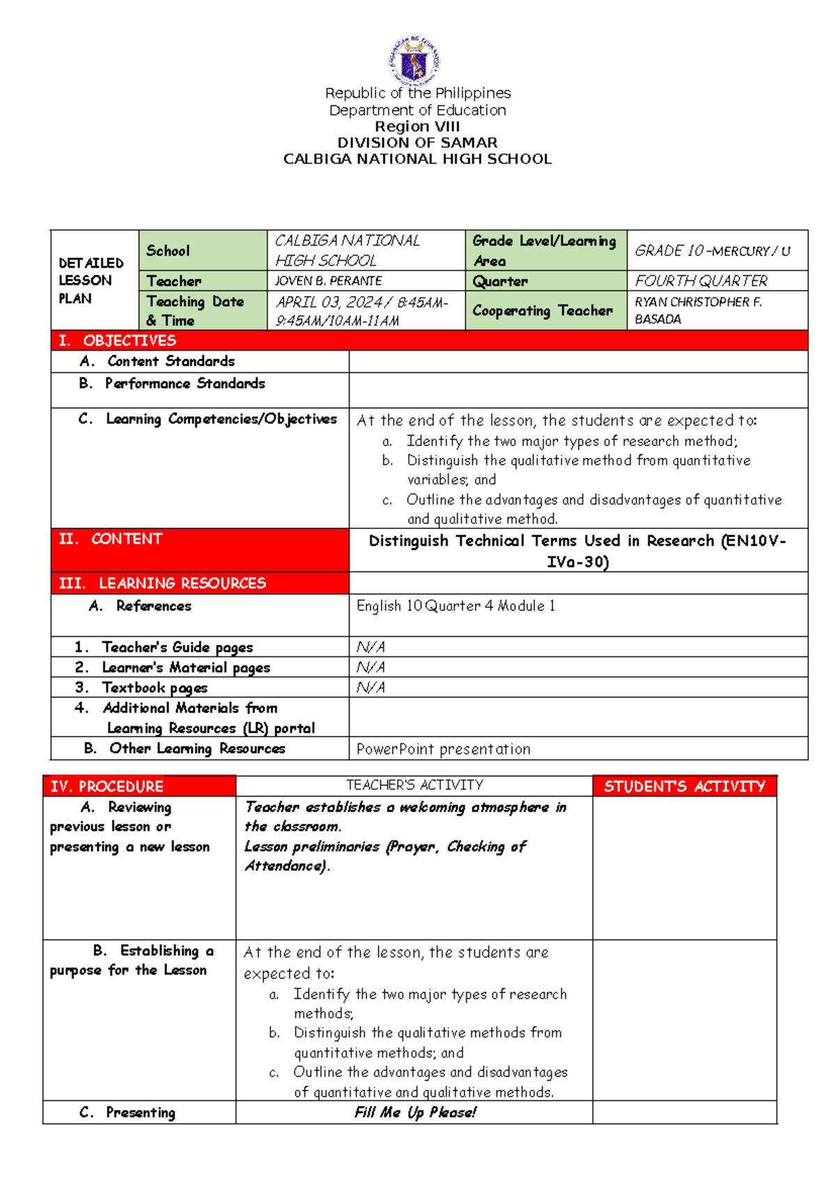4th Quarter 04 02 24 - lesson plan - Republic of the Philippines ...