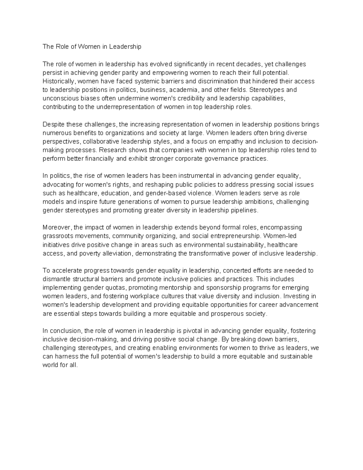 CH8 - ESSAY - The Role of Women in Leadership The role of women in ...