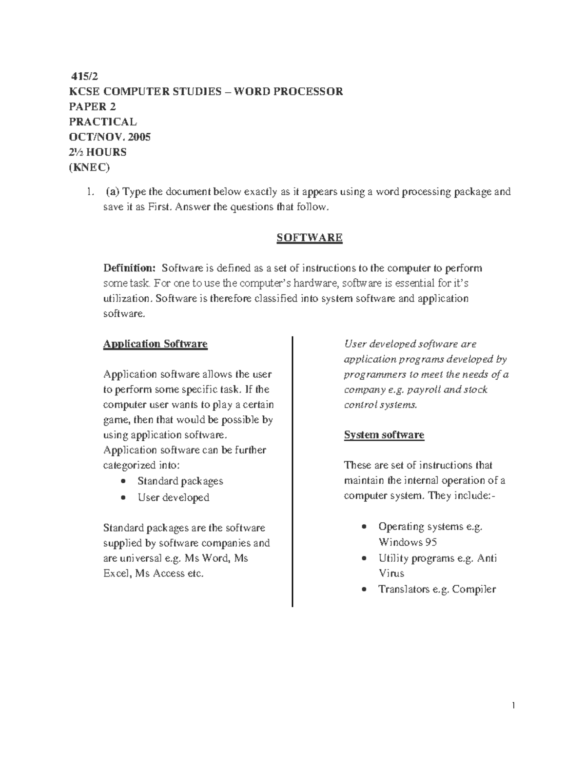 WORD Processing 2005-2021 KCSE Computer Studies Practical - 415/ KCSE ...