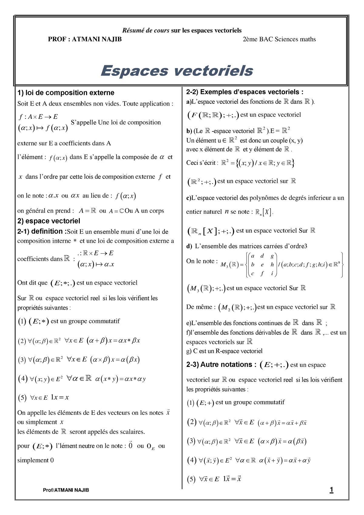 Resume Espaces Vectoriels 2 - Prof/ATMANI NAJIB 1 Résumé De Cours Sur ...