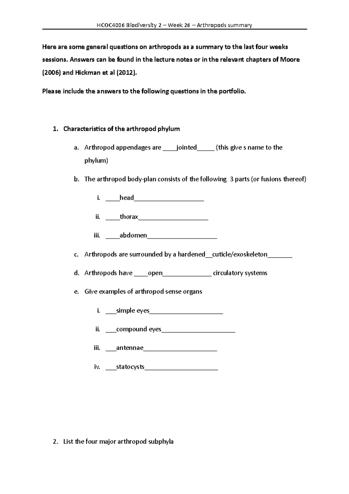Arthropods worksheet week 26 Here are some general questions on