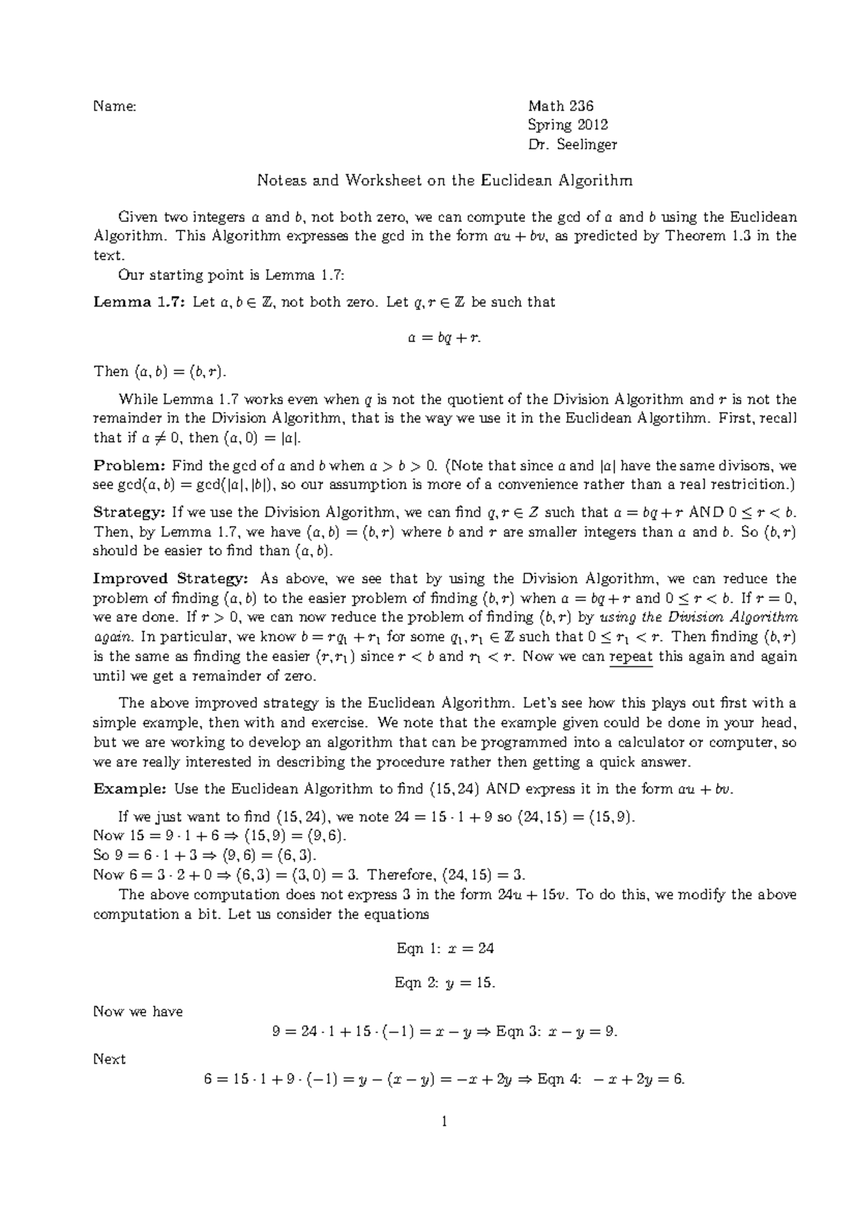 Noteas an worksheet on the Euclidean Algorithm - Name: Math 236 Spring ...