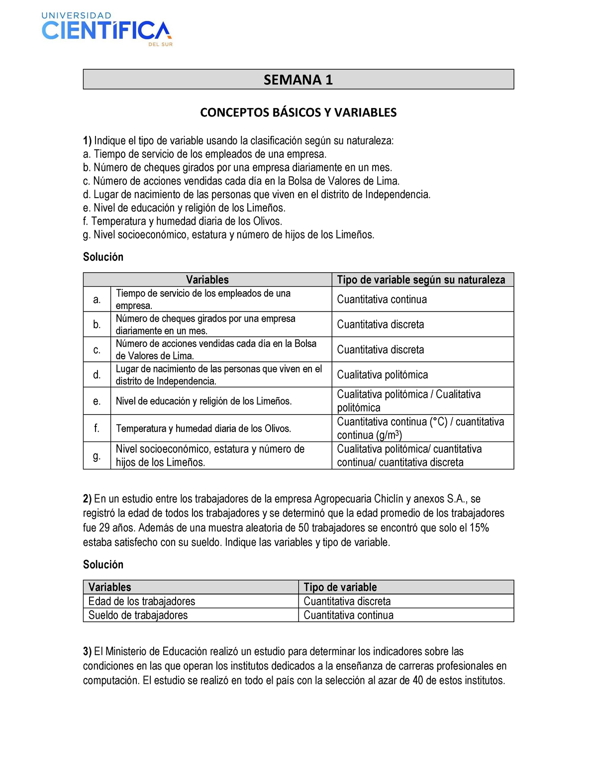 Ejercicios Aplicativos Resueltos 1 Semana 1 Conceptos B¡sicos Y Variables 1 Indique El Tipo 5258