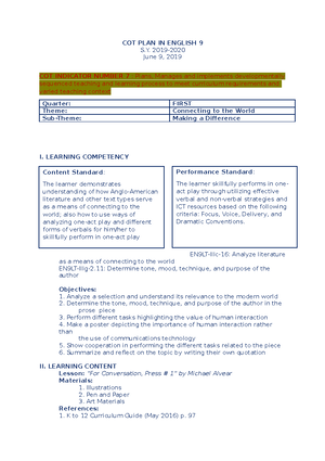 sample lesson plan for English grade 9 - Studocu