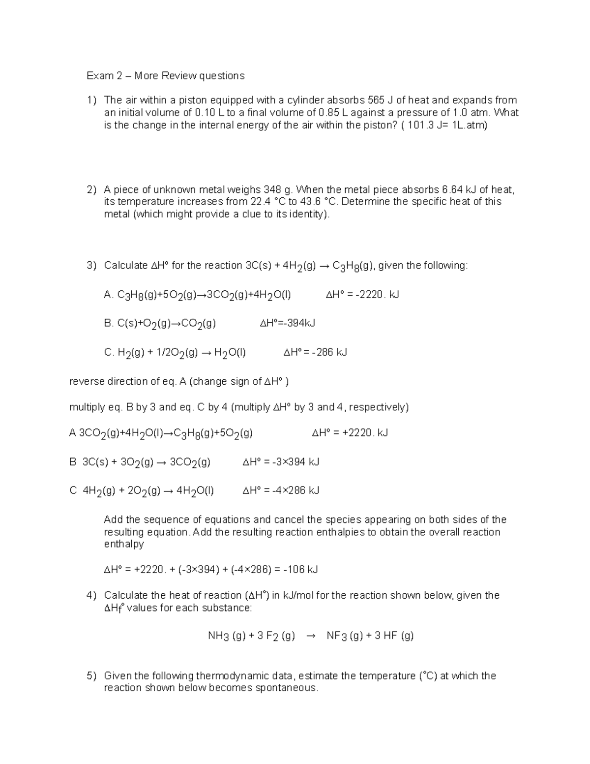 Exam 2 more review - Exam 2 practice questions - CHEM 104 - Hunter ...