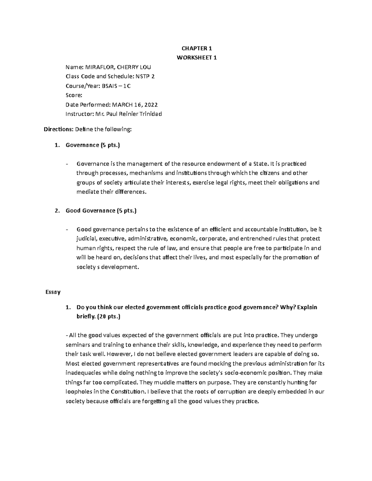 National Service Training Program 2 - CHAPTER 1 WORKSHEET 1 Name ...