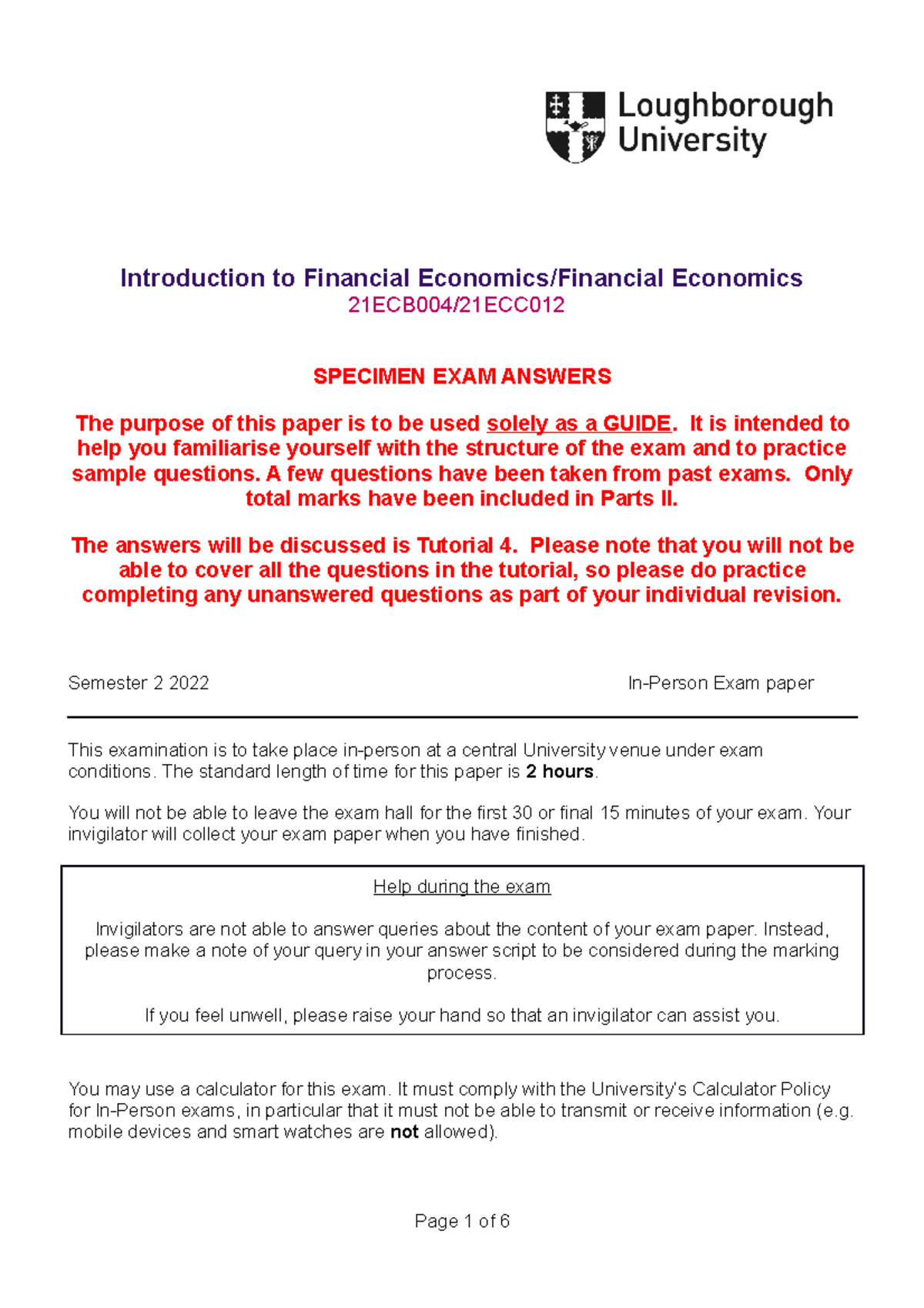 Specimen Exam Paper Answers Introduction to Financial Economics