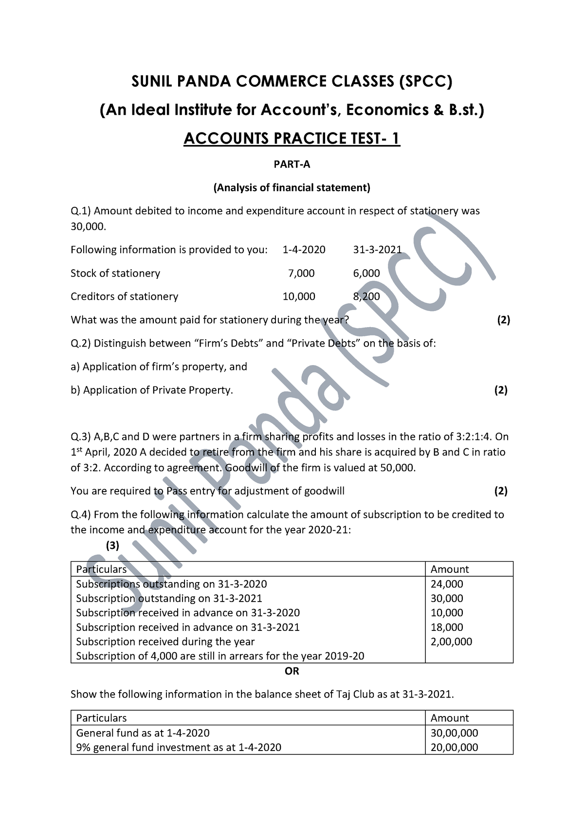 SPCC MOST Expected Sample Paper SUNIL PANDA COMMERCE CLASSES (SPCC