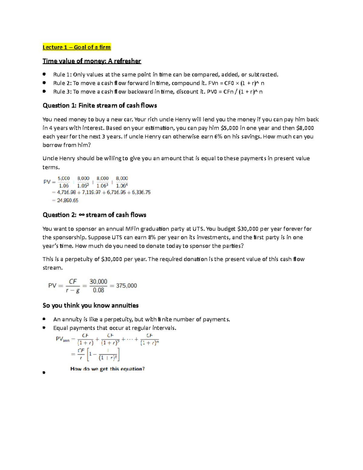 Corporate finance - FULL NOTES. - Lecture 1 – Goal of a firm Time value ...