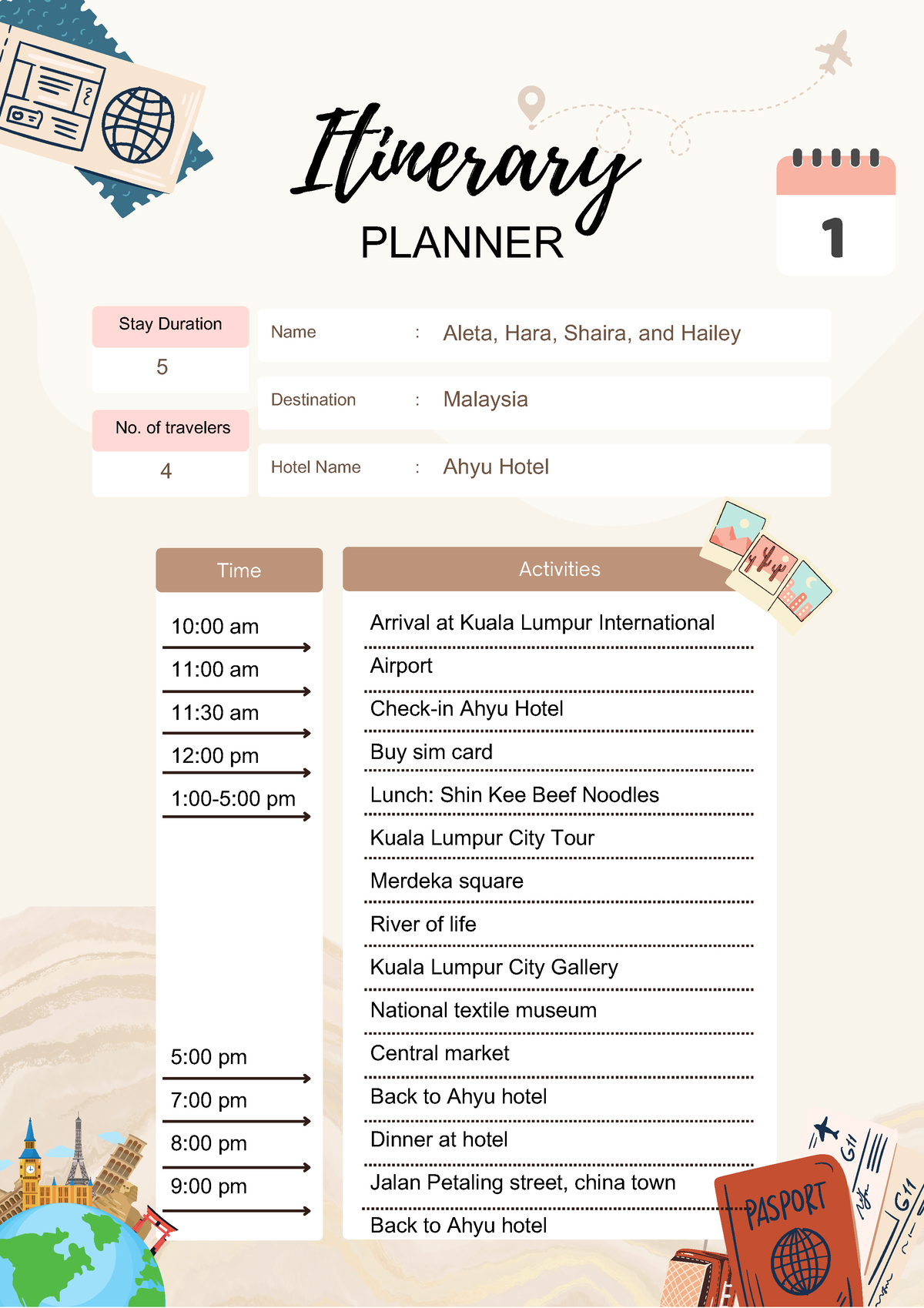 Itinerary Planner - Stay Duration No. of travelers Time Activities ...