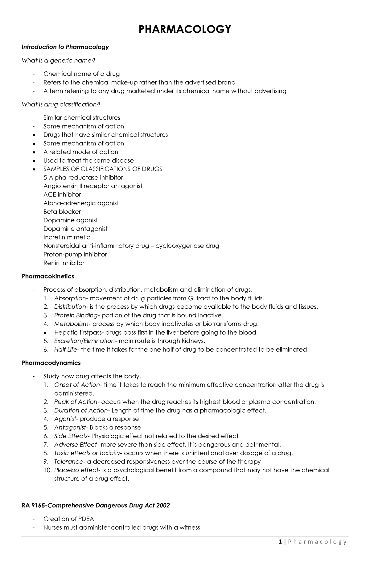 Pharmacology - Nursing Notes - PHARMACOLOGY Introduction To ...