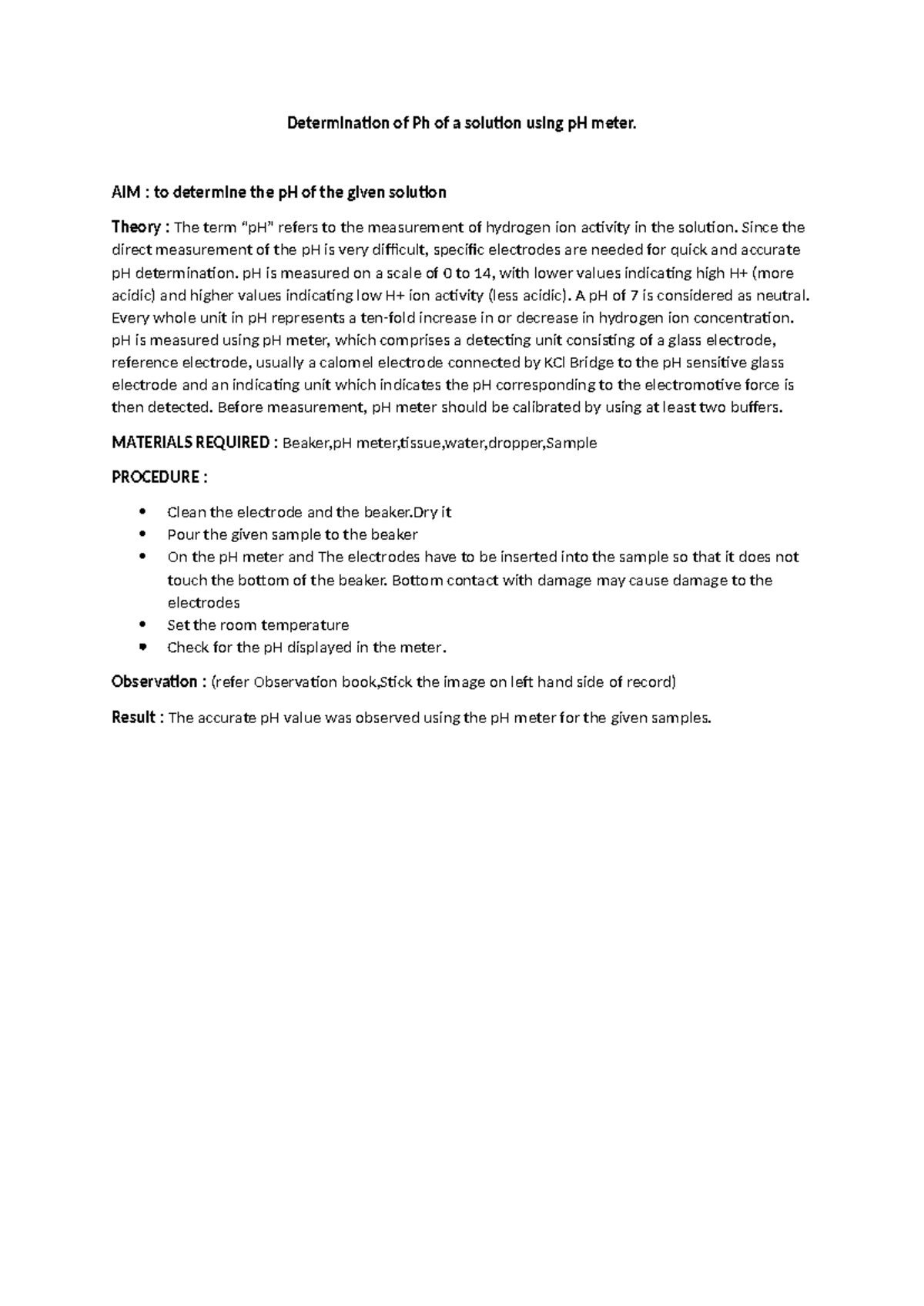 Determination of Ph of a solution using p H meter - AIM : to determine ...