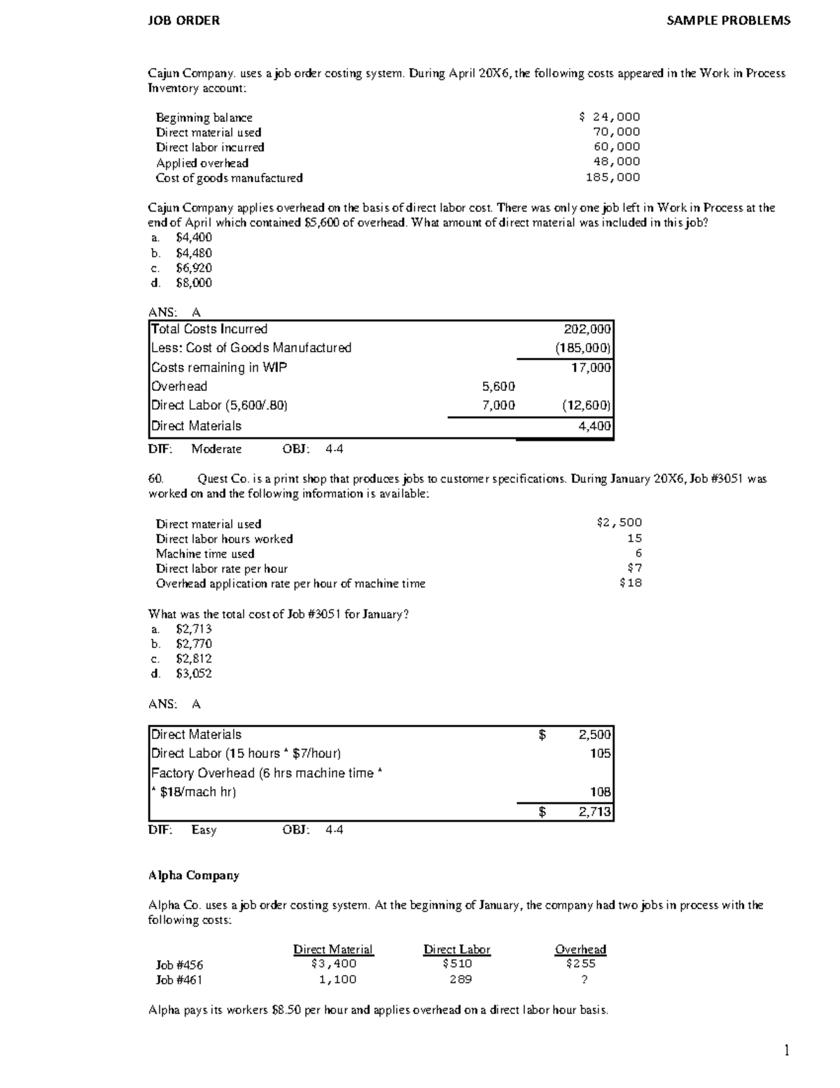 JOB Order SP - Cajun Company. uses a job order costing system. During ...