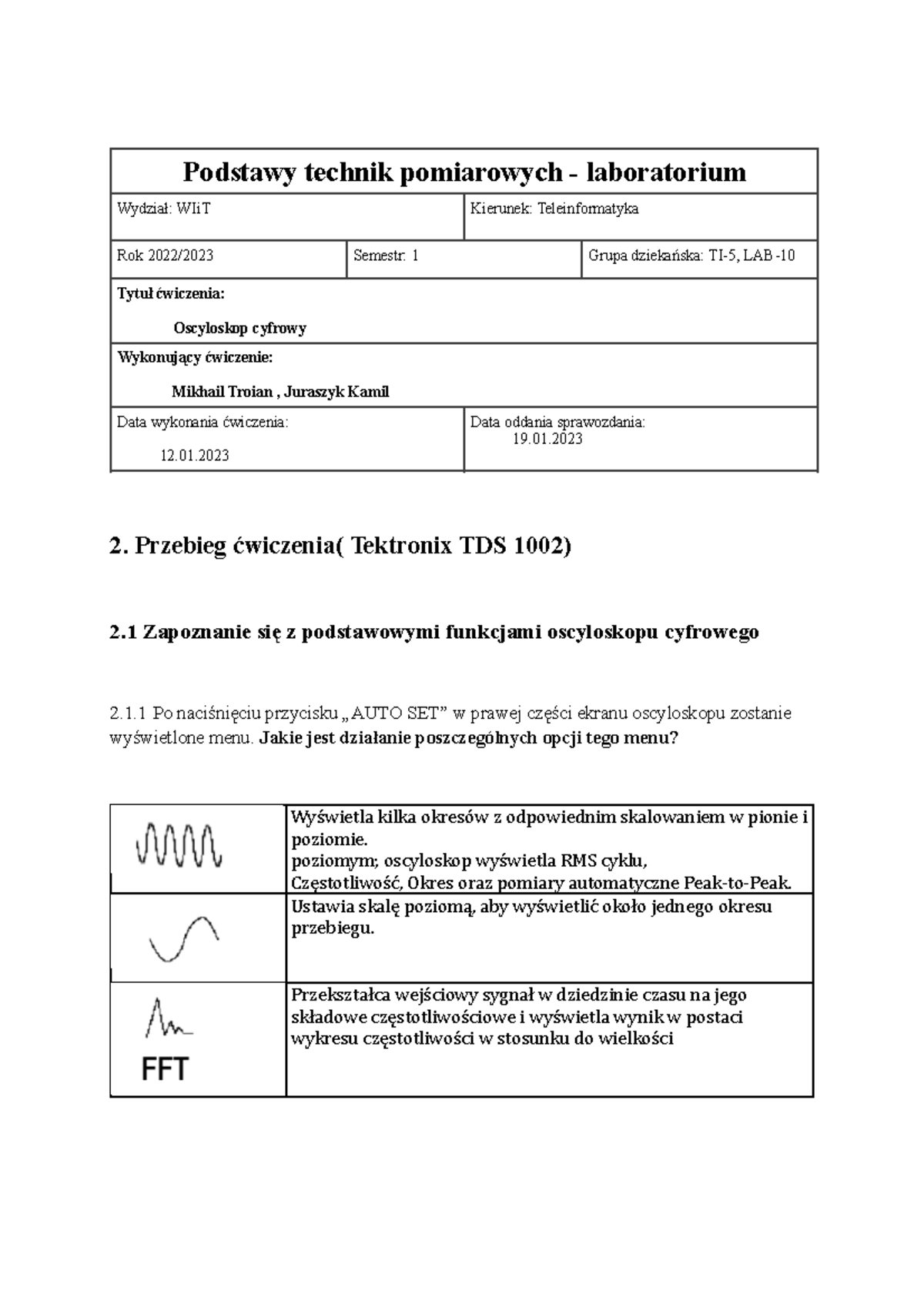 Sprawozdanie Podstawy Metrolog Przebieg Wiczenia Tektronix Tds