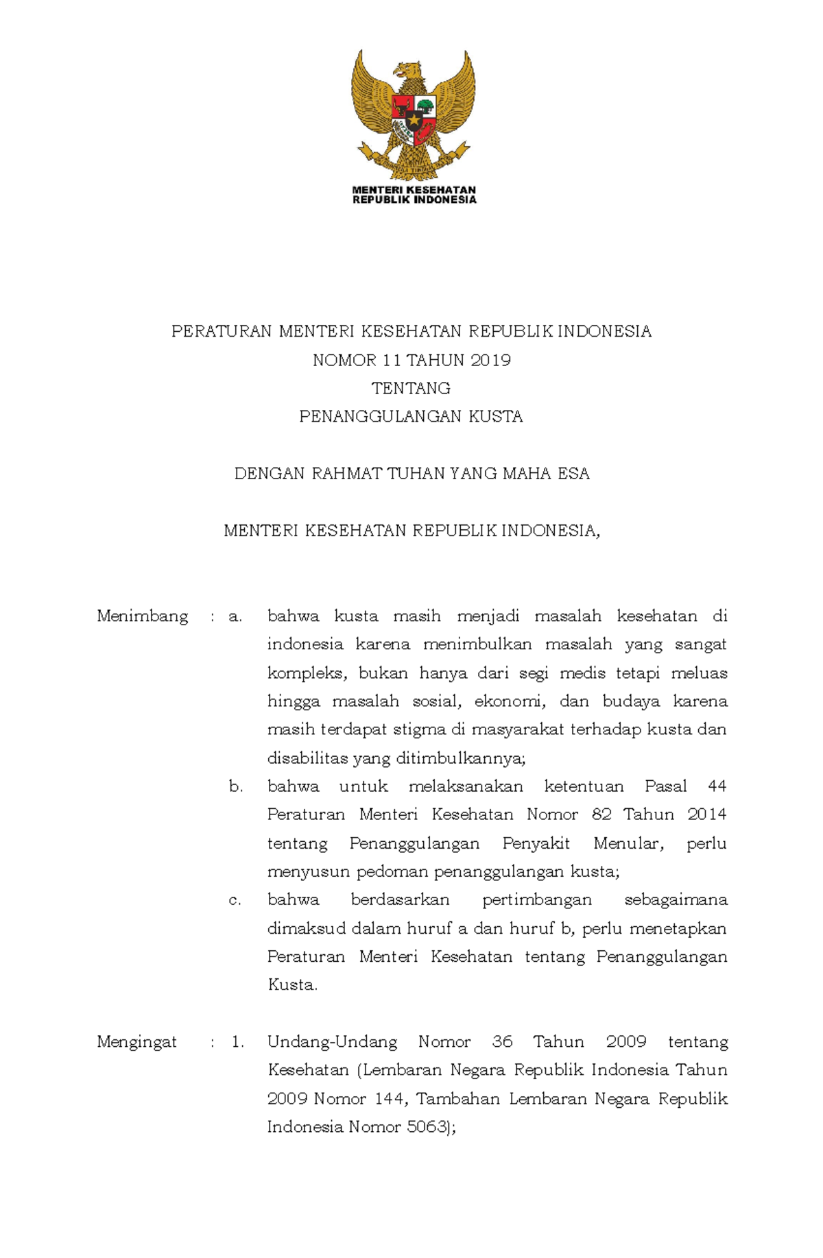 PMK No 11 Th 2019 ttg Penanggulangan Kusta - PERATURAN MENTERI