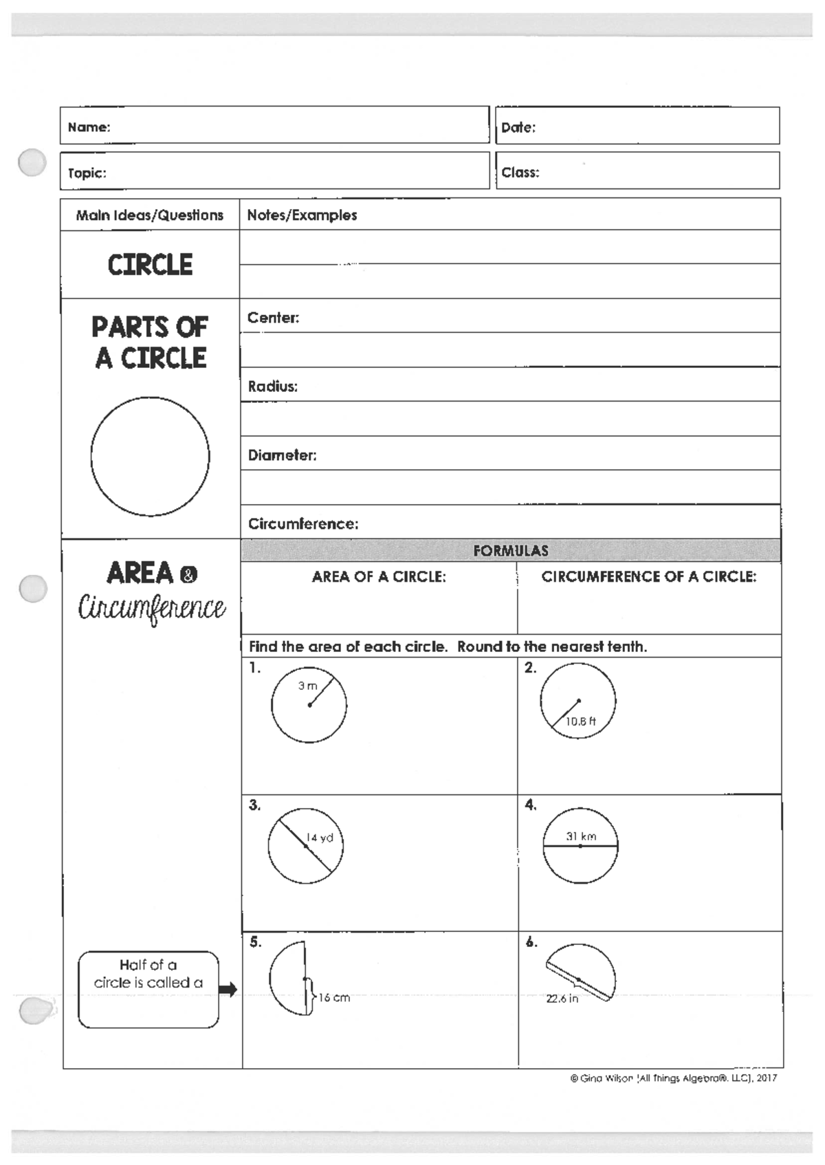 Areaof Circle - Name: Date: Diameter: Topic: Class: Main Ideas ...