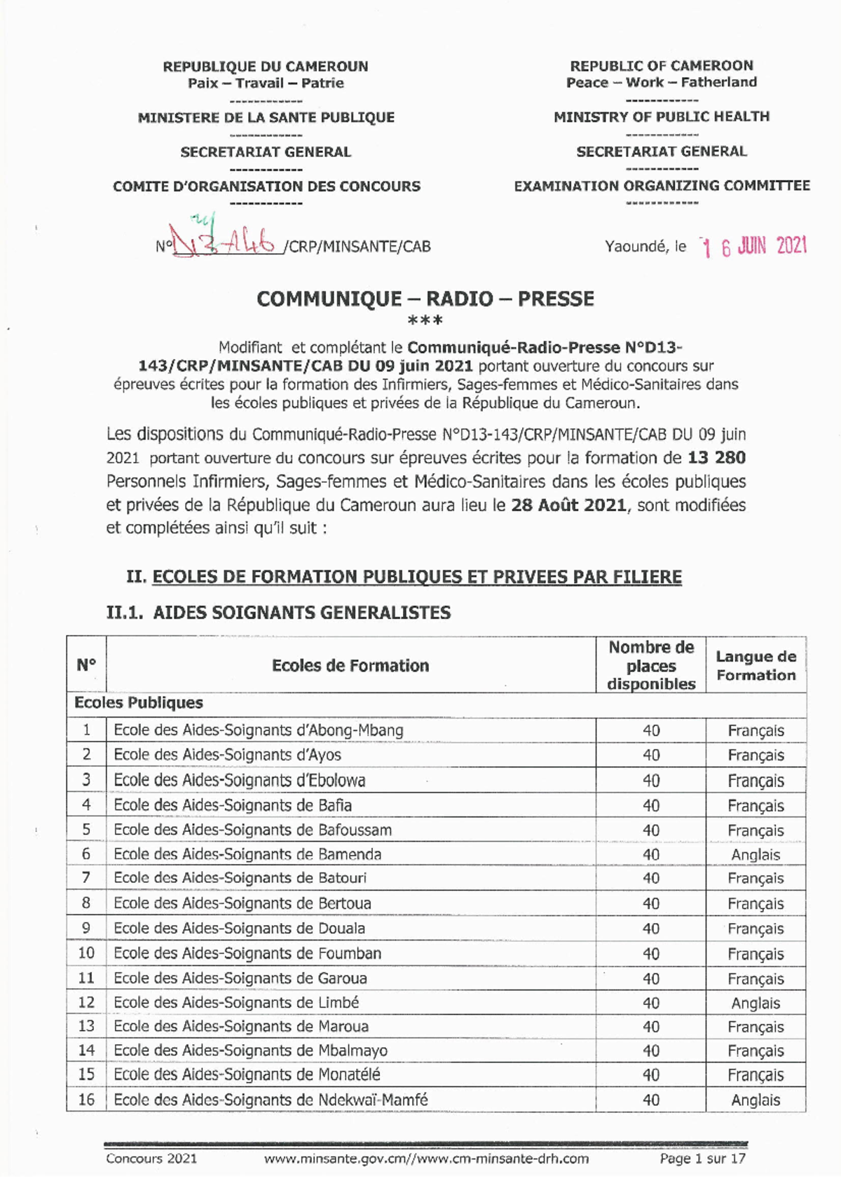 Concours 2021 - REPUBLIQUE DU CAMEROUN Paix - Travail - Patrie REPUBLIC ...