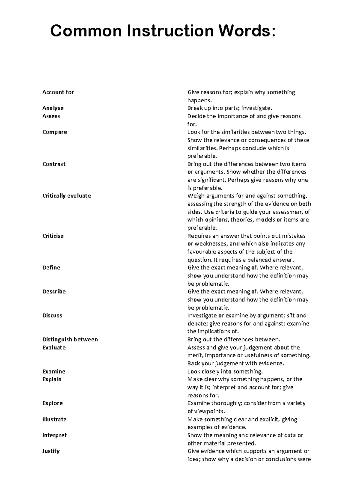 Common Instruction Words - Account for Analyse Assess Compare Contrast ...