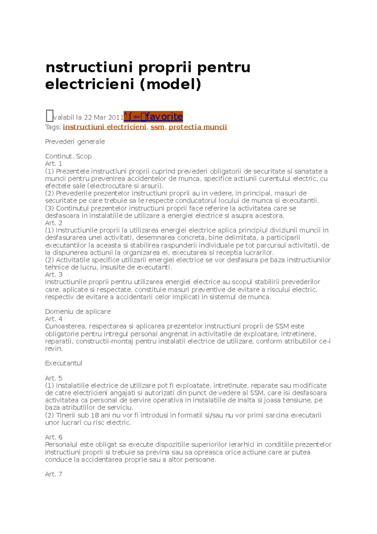 Electriceni SSM - nstructiuni proprii pentru electricieni (model ...